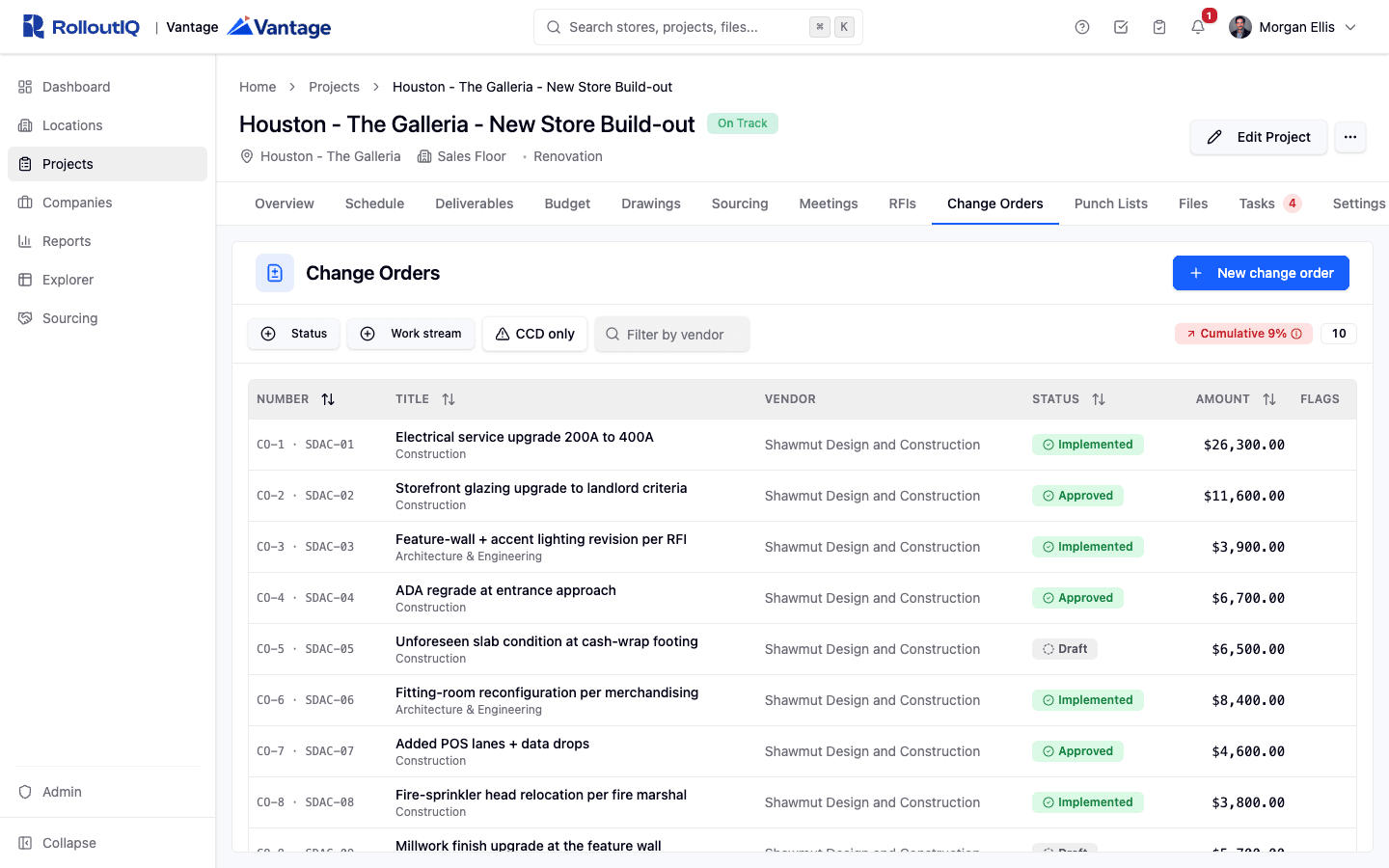 RolloutIQ change orders list showing status and cost impact across a project