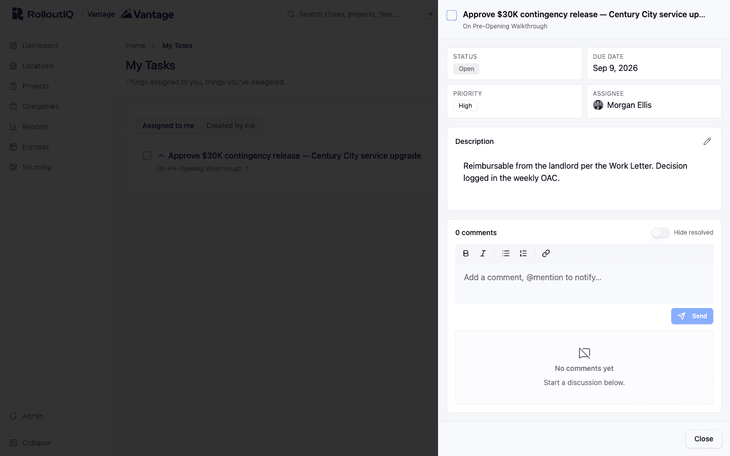 RolloutIQ action item detail showing the item hanging off a Substantial Completion record with assignee, due date, and description