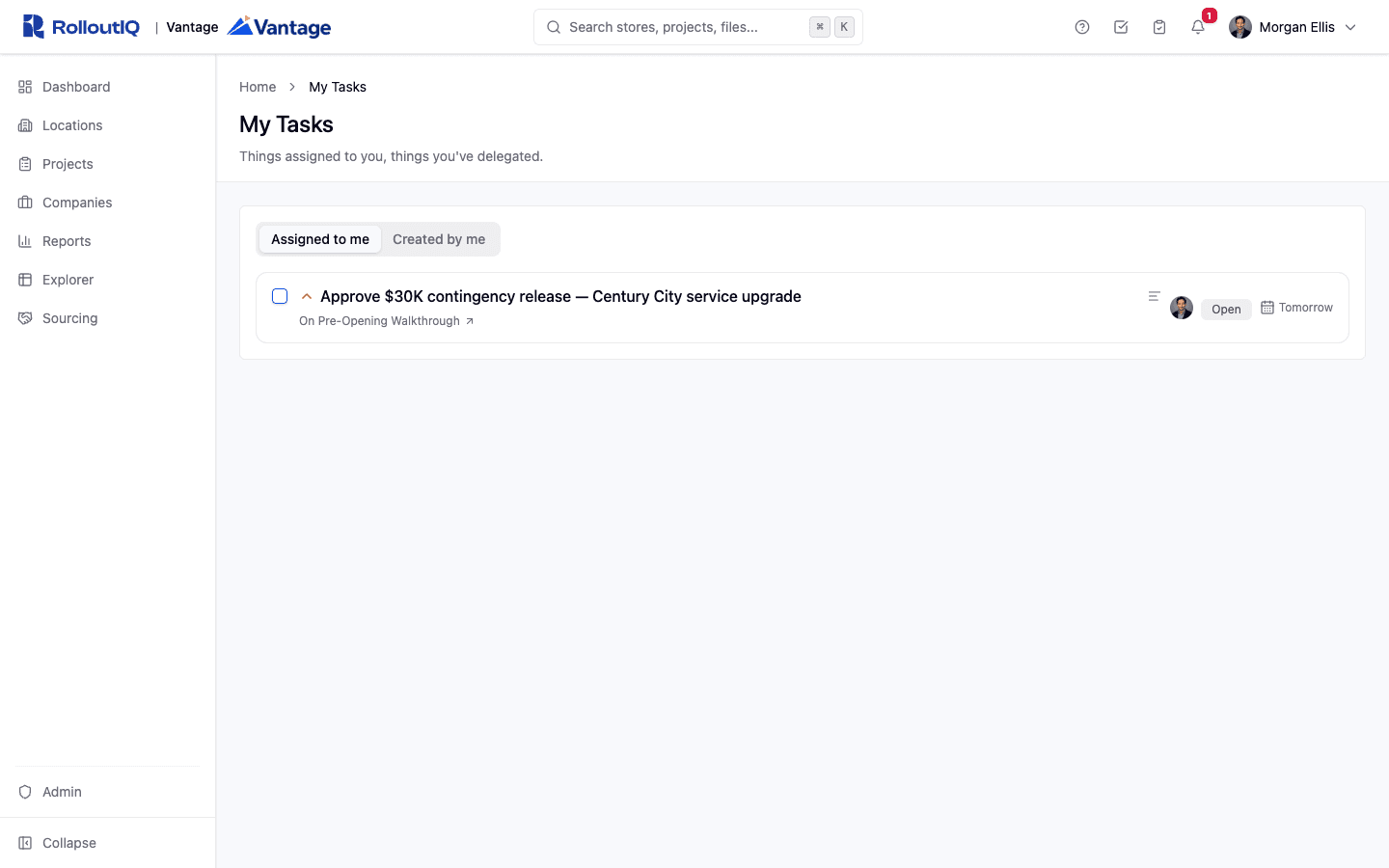 RolloutIQ action items inbox aggregating commitments across projects, each hanging off the work that generated it