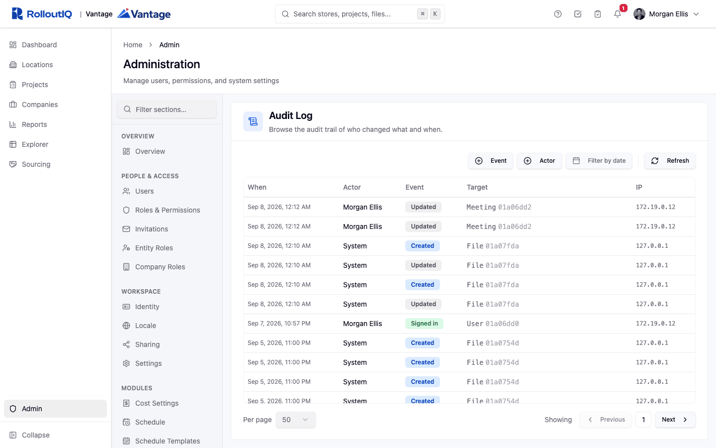 RolloutIQ audit trail listing a timestamped record of project changes