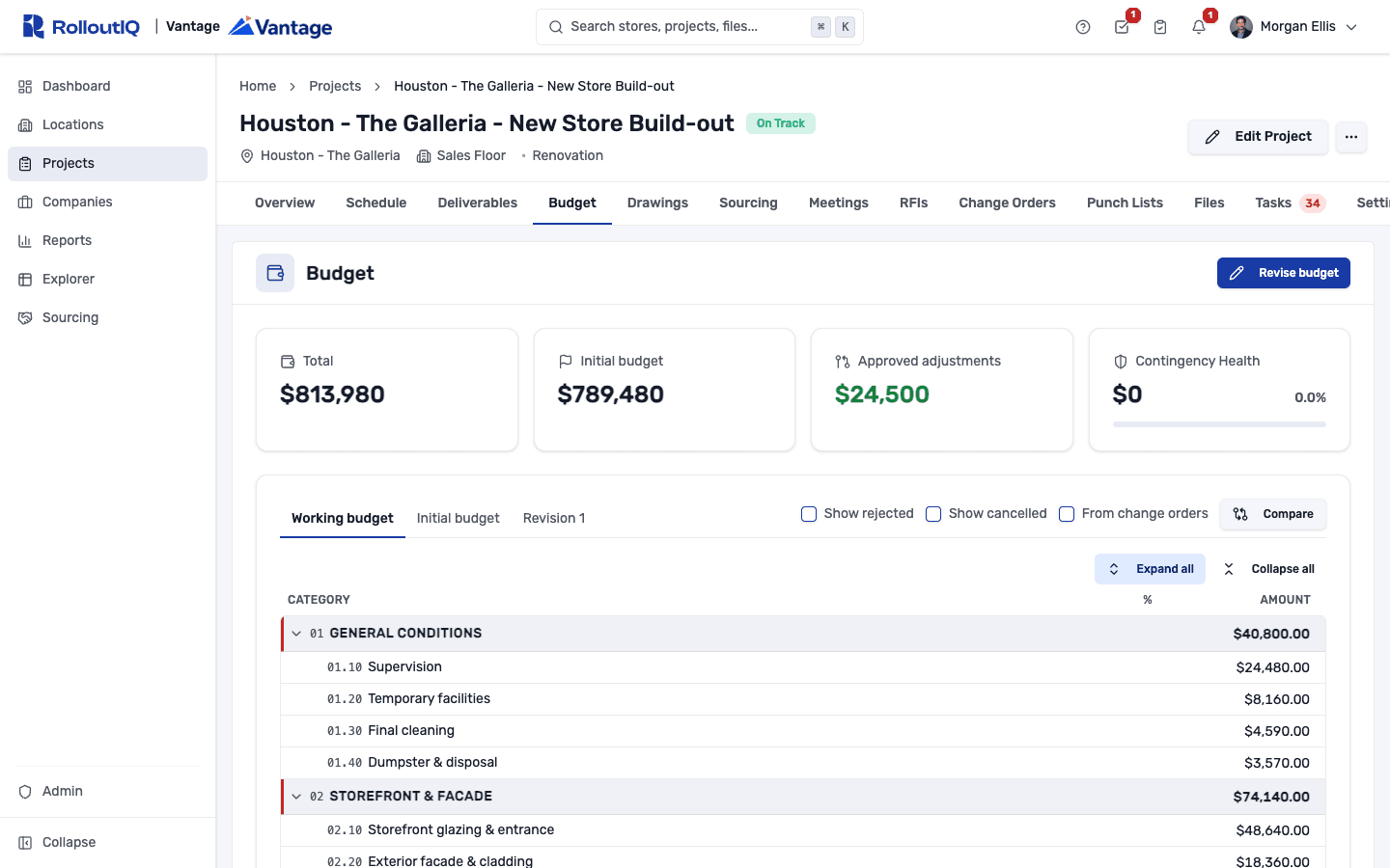RolloutIQ budget work breakdown structure organized by cost code