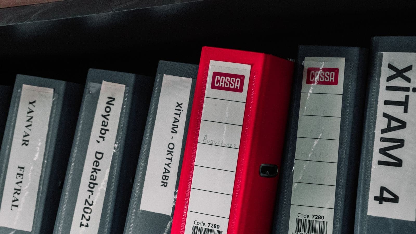 Rows of color-coded office binders neatly organized on storage shelves