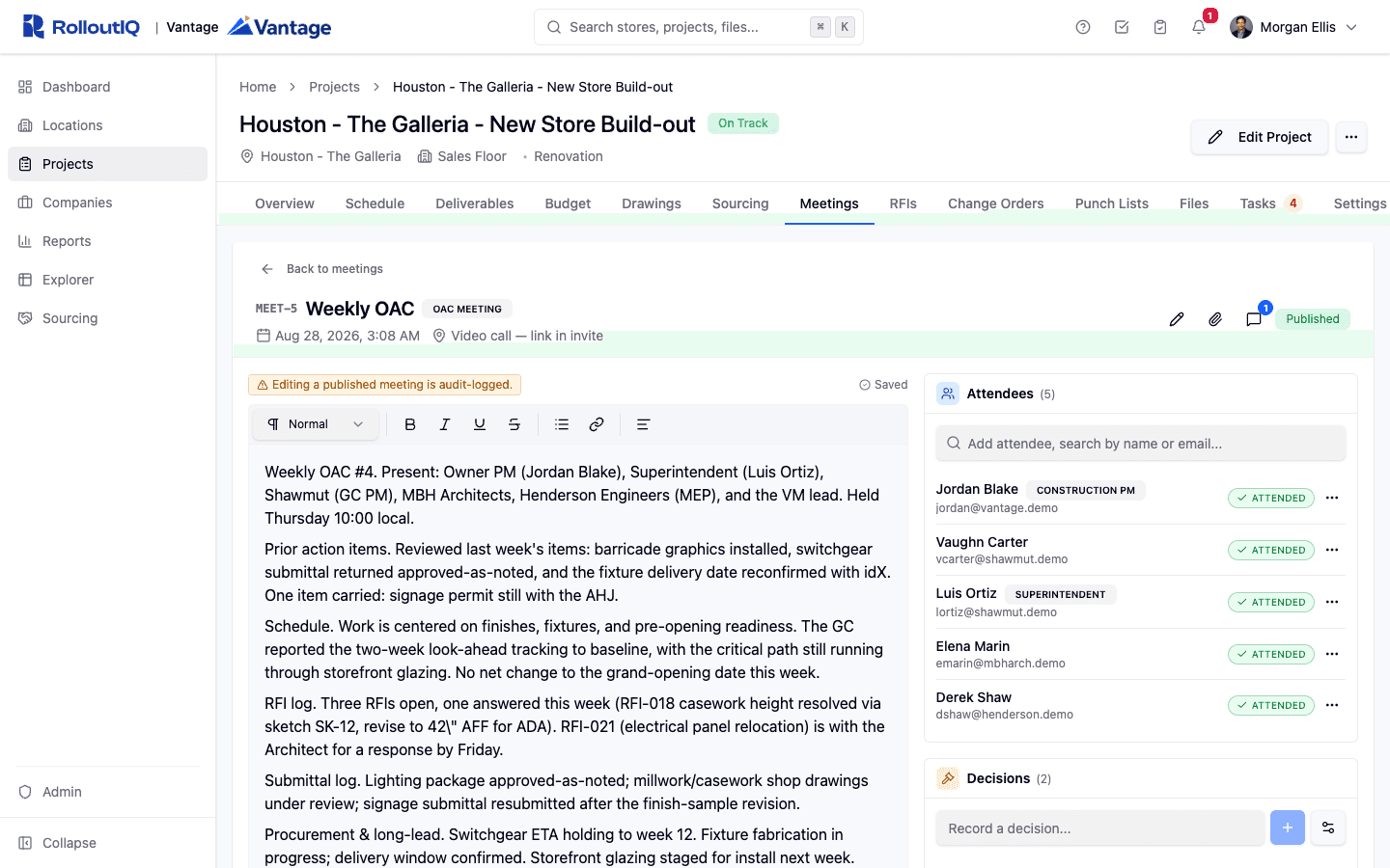 RolloutIQ meeting minutes for a Weekly OAC showing agenda, attendees with roles, and recorded decisions