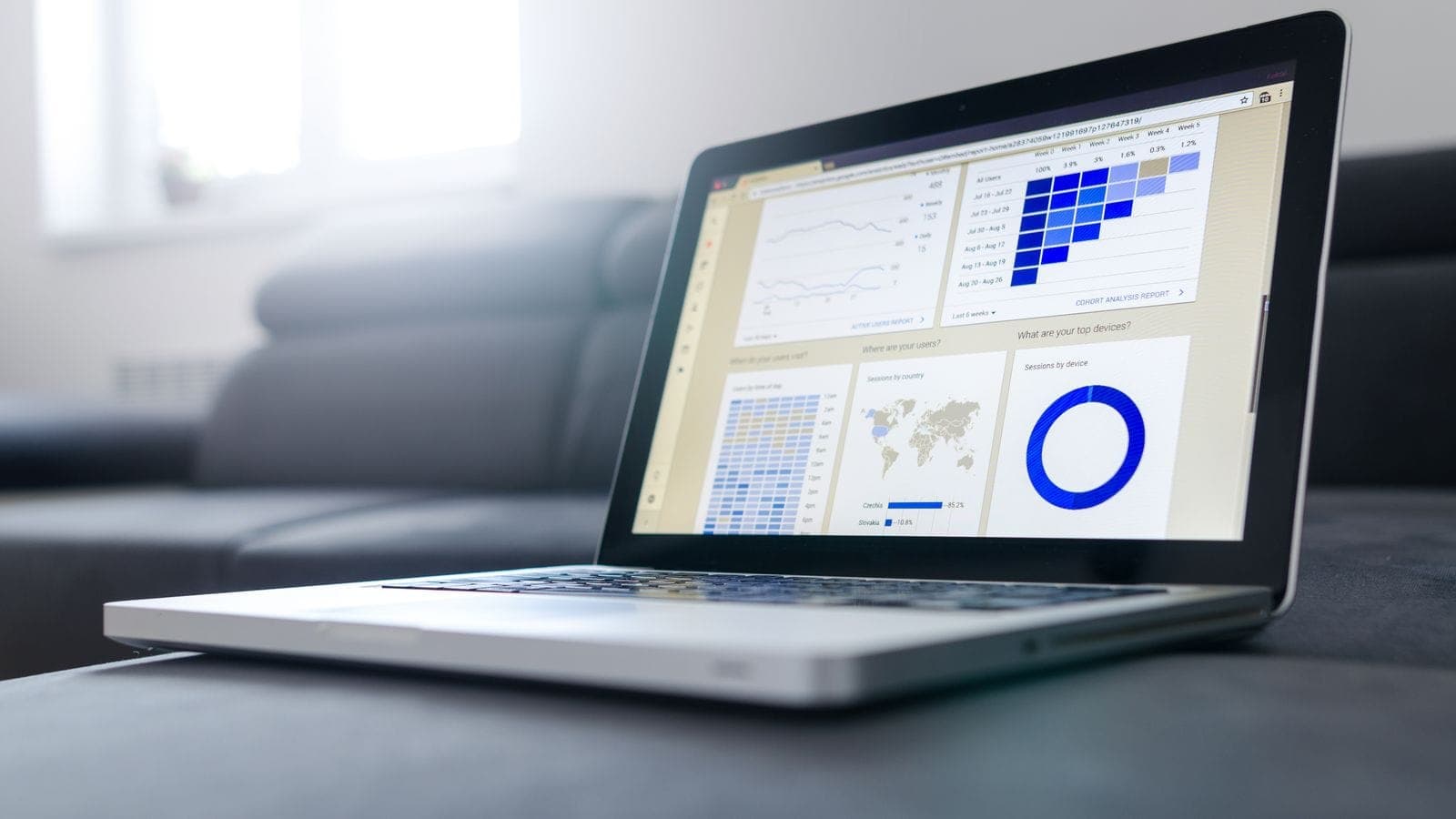 Close-up of a laptop screen displaying an analytics dashboard with charts and graphs