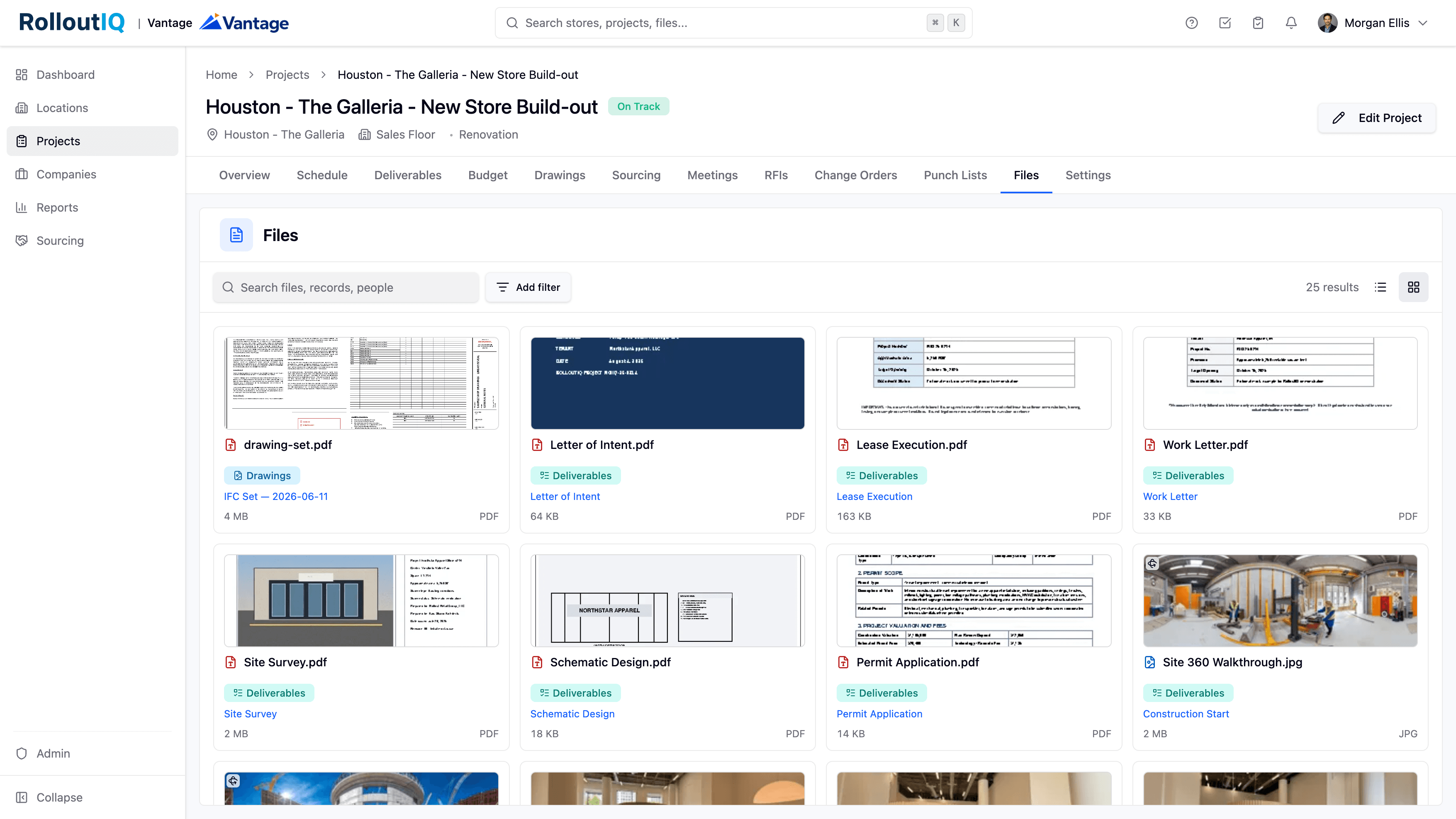 The RolloutIQ file gallery showing document and photo thumbnails from across a project, including a Site 360 Walkthrough photo marked with a 360 badge