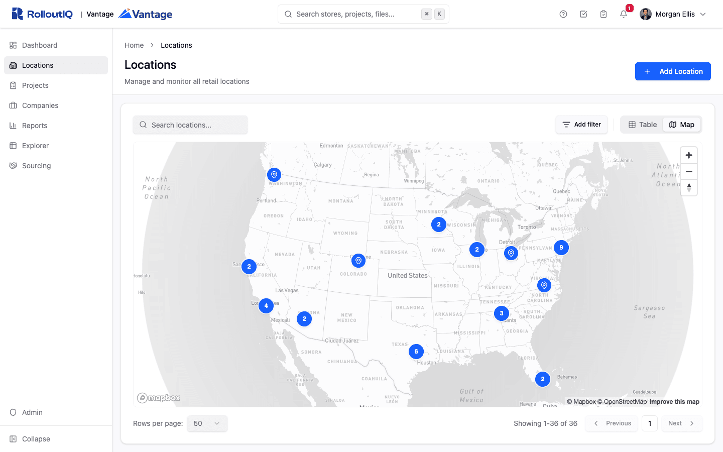 RolloutIQ portfolio map showing store locations across a region