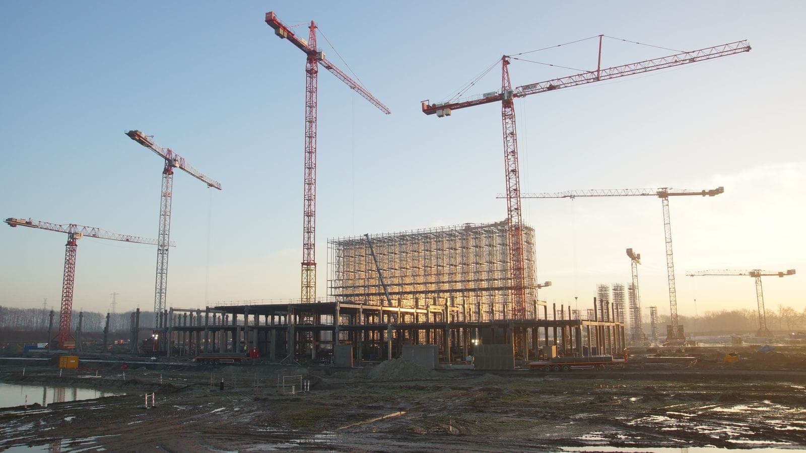 Multiple tower cranes over a large commercial building under construction at sunset