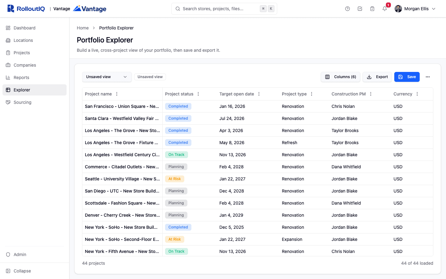A cross-project portfolio grid with one row per store project, showing schedule health, budget, assigned manager, and open-work counts