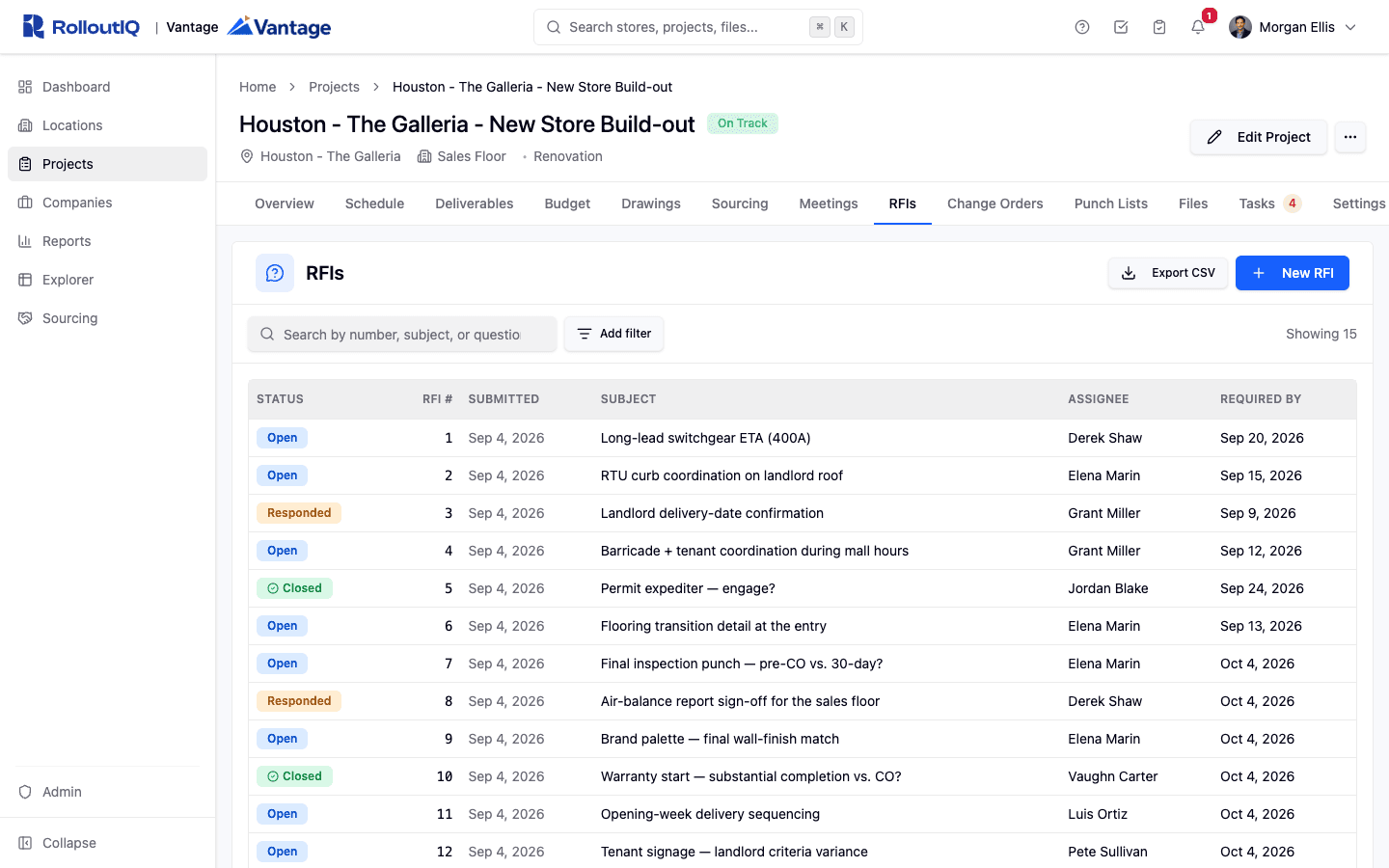 RolloutIQ RFI log showing status, subjects, assignees, and required-by dates across a project