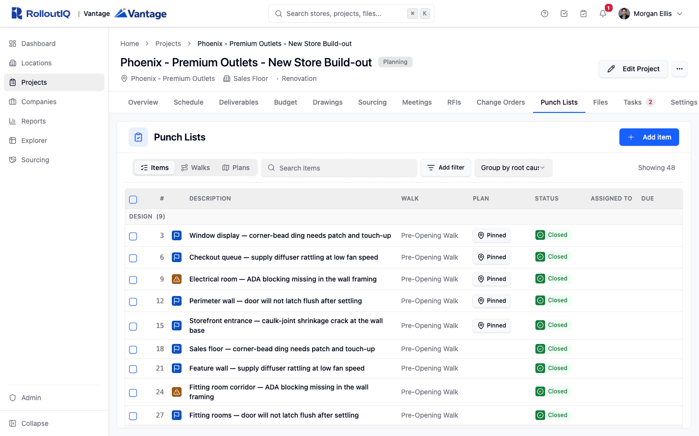 A punch list in RolloutIQ grouped by root cause, showing a design-caused group of items from a pre-opening walk