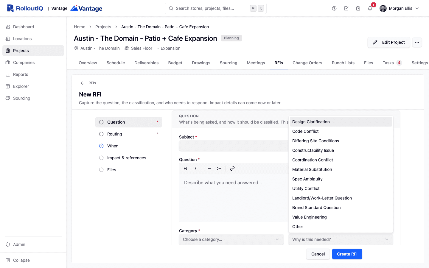 The New RFI form in RolloutIQ with the Reason dropdown open, showing options including design clarification, code conflict, differing site conditions, and coordination conflict