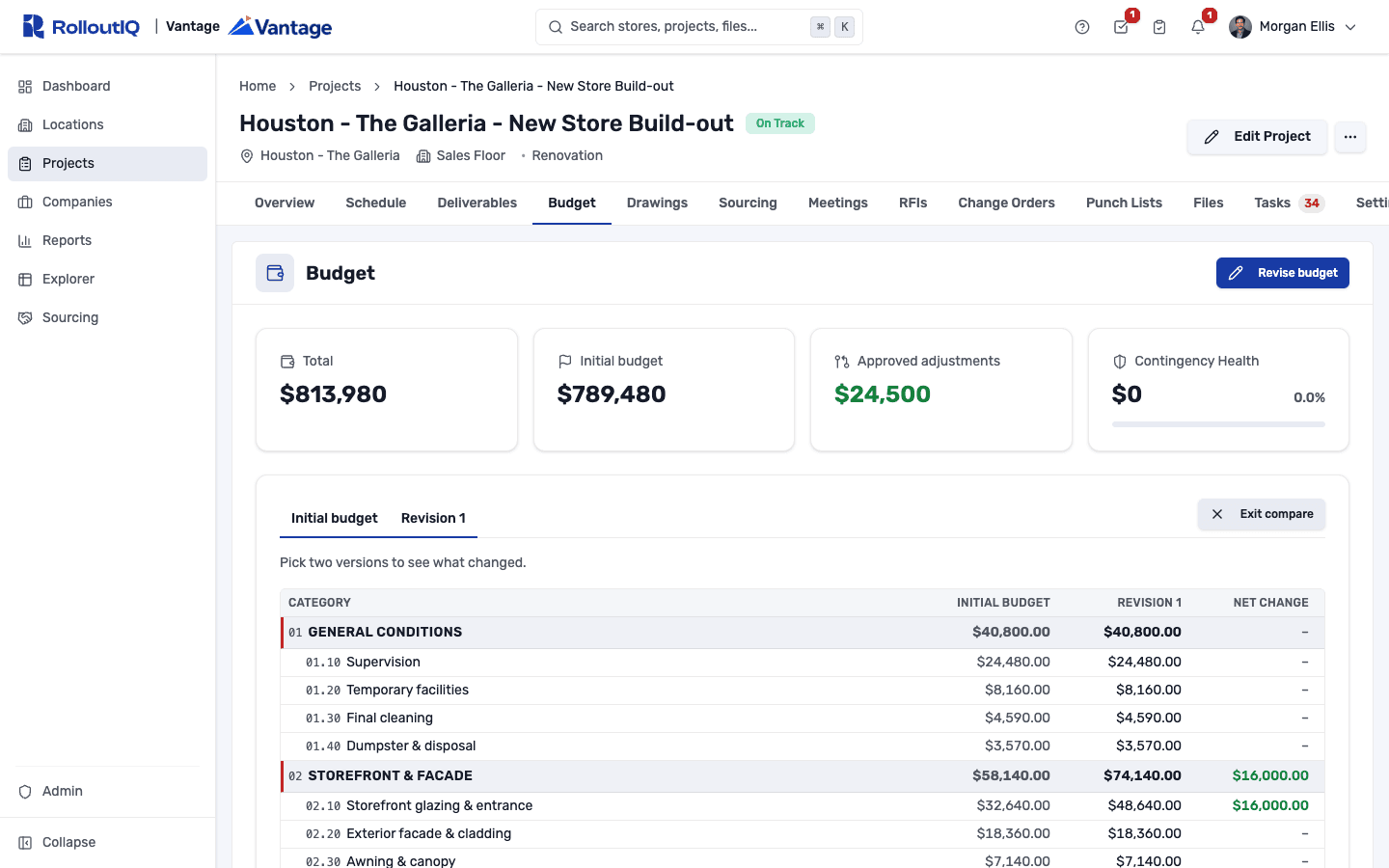 Version picker comparing two frozen budget baselines line by line, each stamped with who approved it and when