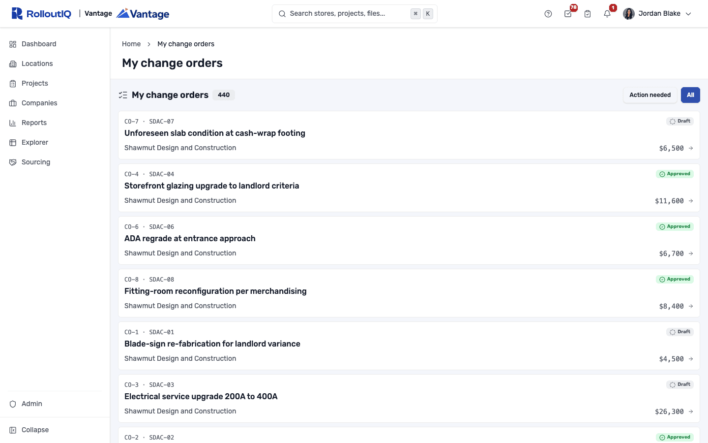 RolloutIQ™ change order inbox listing priced changes by status