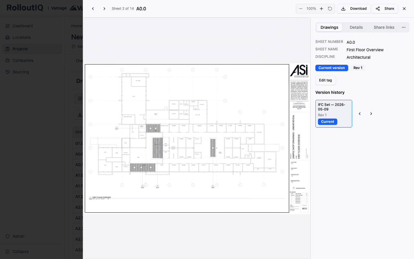 Sheet A0.0 First Floor Overview open in the viewer with the architectural PDF, its current version and revision, and the version history panel