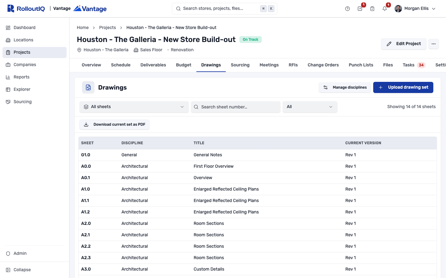 RolloutIQ™ drawings library with NCS-ordered sheets and version metadata