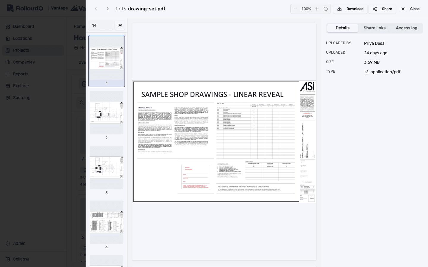 The in-app preview drawer for a multi-page PDF, with a page rail and jump-to-page, zoom, Download and Share, tabs for Details, Share links, and Access log, and file metadata