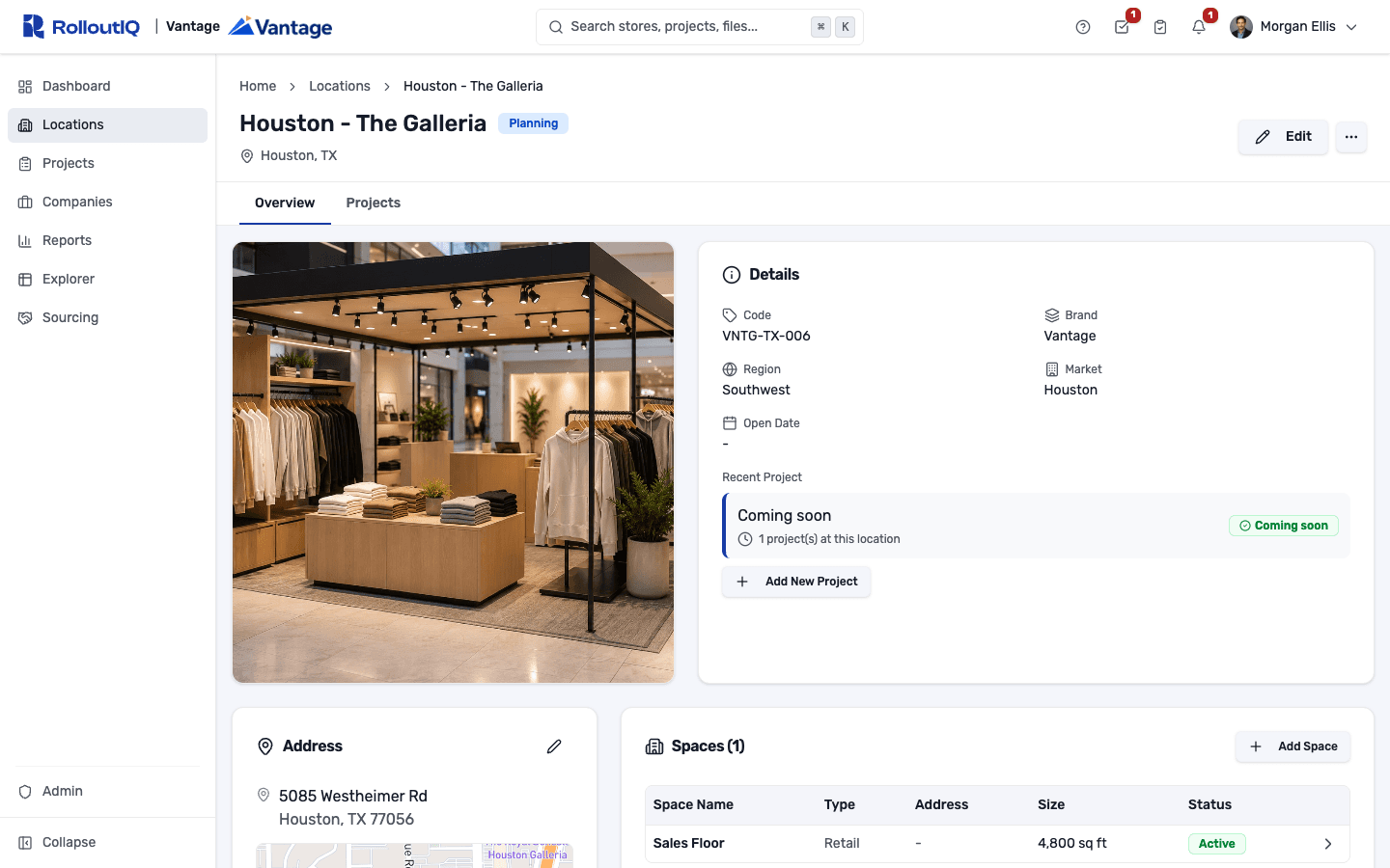 Chicago location detail with a facade hero photo, a Details card showing code VNTG-IL-001, Vantage brand, Midwest region, Chicago market, and open date, a recent-project rollup, an address with a mini-map, and a Spaces table row for a 9,800 sq ft sales floor