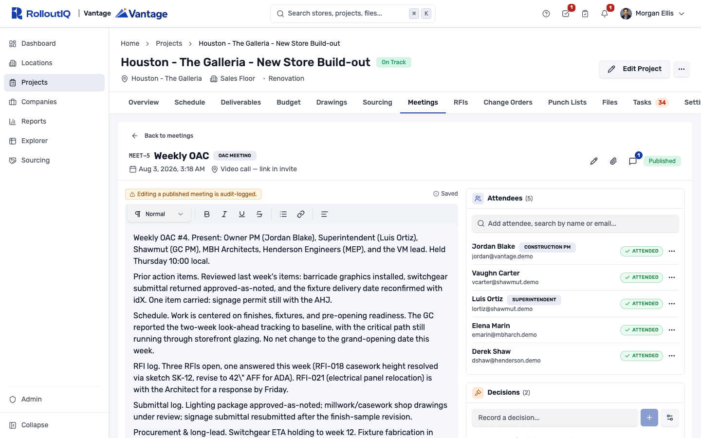 Published FF and E and Brand Standards Review meeting with audit-logged notes editor, decisions recorded, and a carryover section listing open items from prior meetings