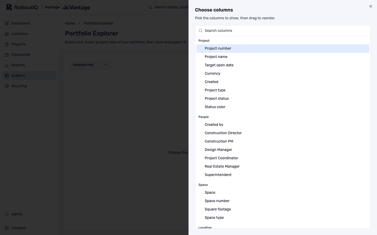 The Portfolio Explorer column picker with grouped columns to search, select, and reorder