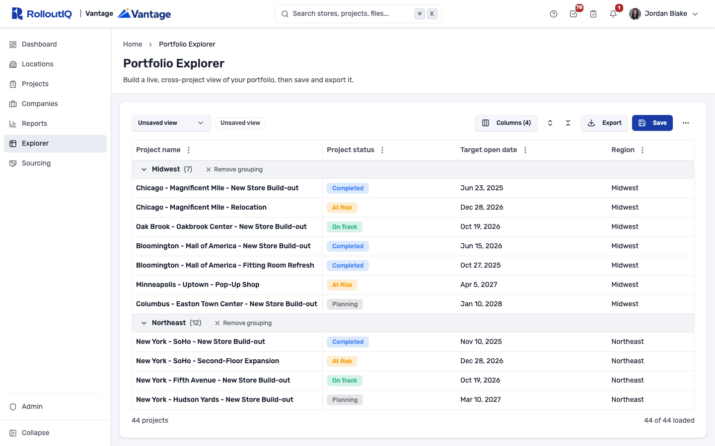 Portfolio Explorer grouped by region with collapsible section headers and a project count on each
