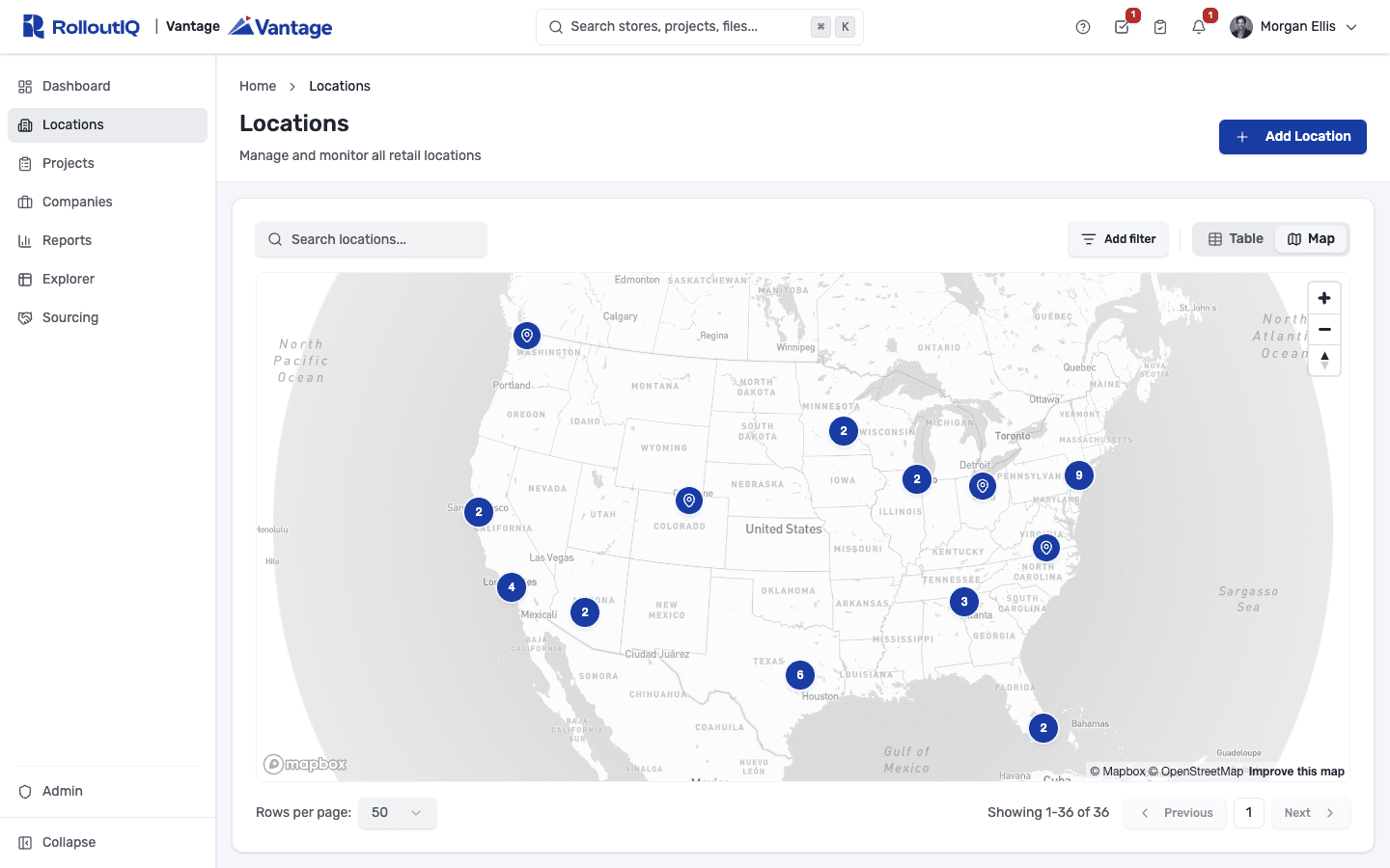 RolloutIQ™ portfolio map showing store locations across regions with status