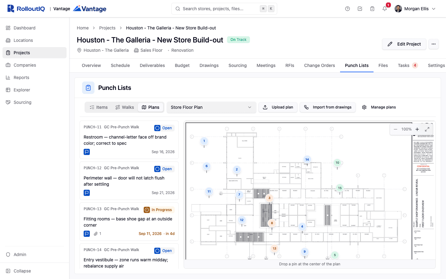 RolloutIQ™ punch list floor plan with pinned items across a store layout