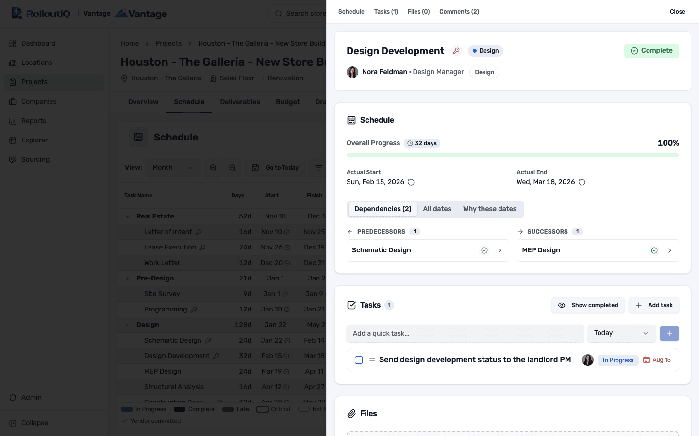 Schedule item editor showing planned start and end, duration, and its predecessors and successors, with a note that successors update automatically