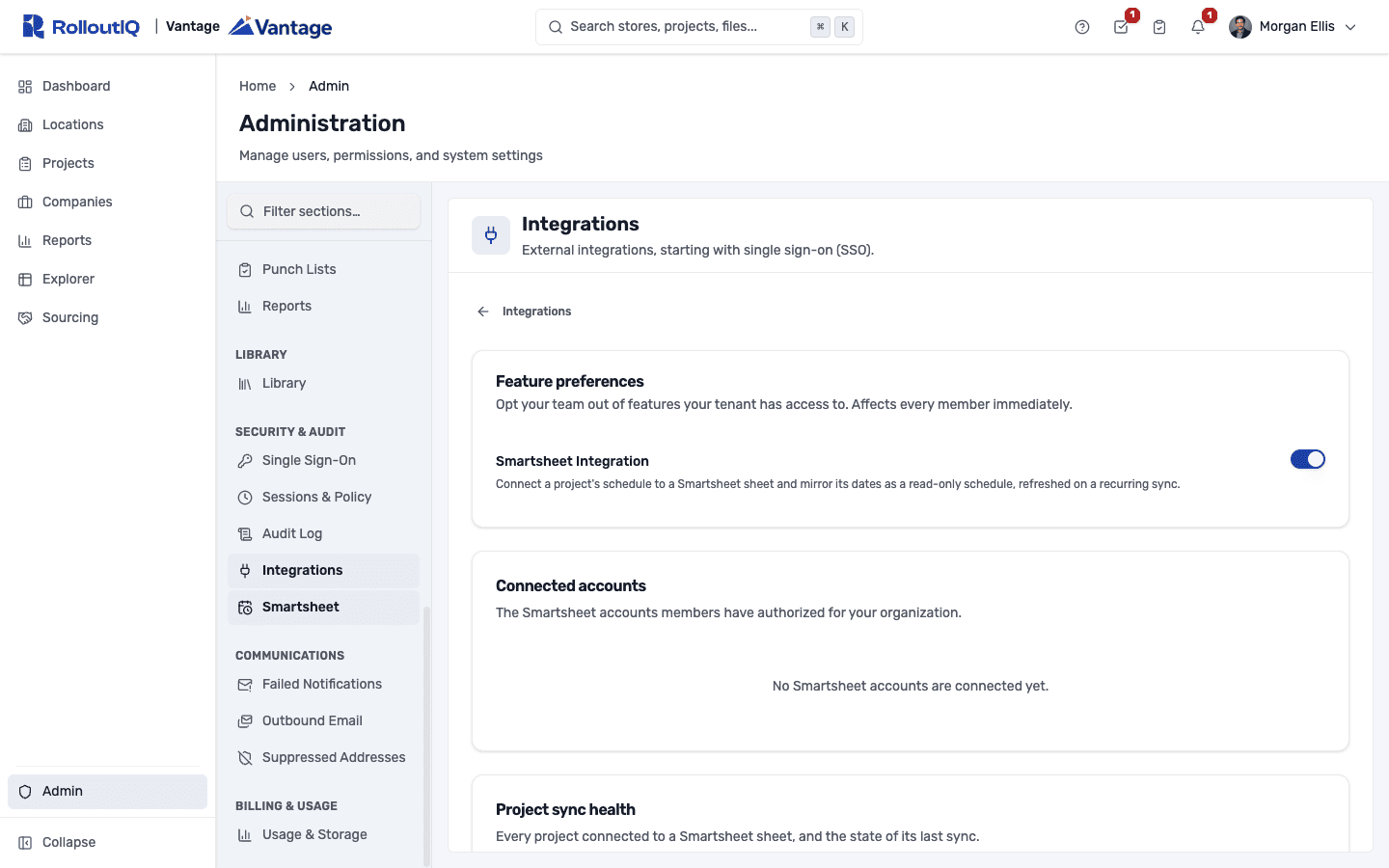 The RolloutIQ admin Integrations page with connected Smartsheet accounts and project sync health