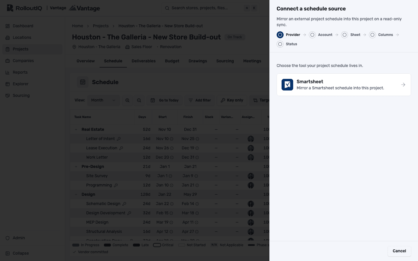 Connecting a project's schedule to Smartsheet from the RolloutIQ Schedule tab