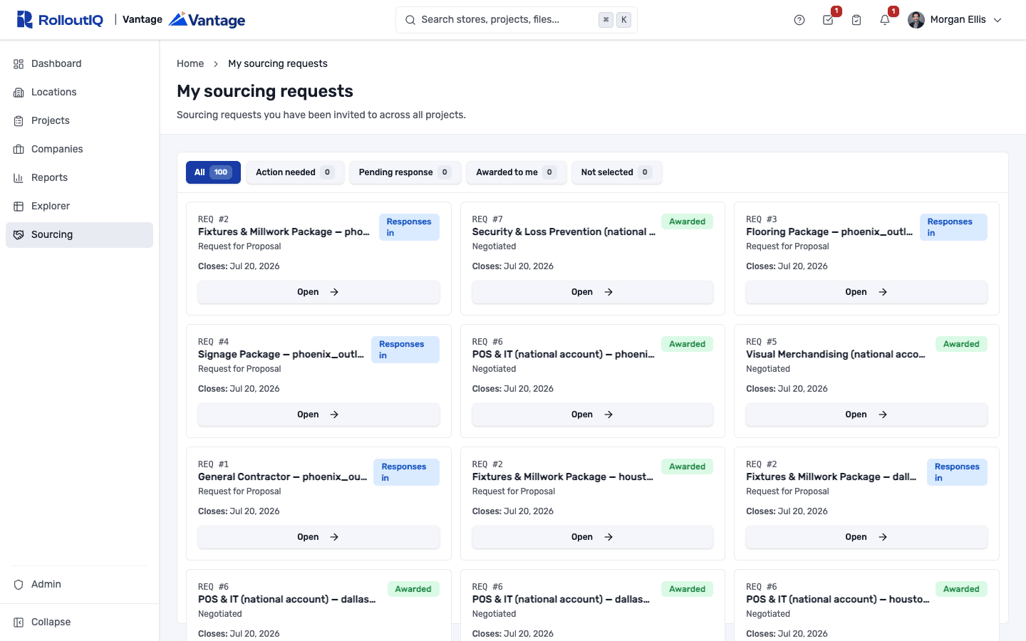RolloutIQ™ sourcing leveling matrix comparing vendor bids across cost categories