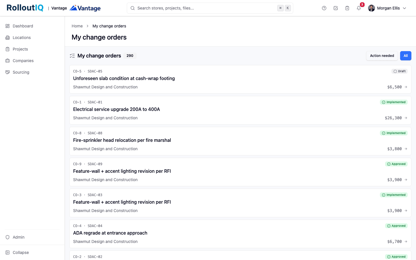A cross-project change order inbox in RolloutIQ™ listing changes from every project with dual numbering, vendor, status, and amount, filtered to what needs action.