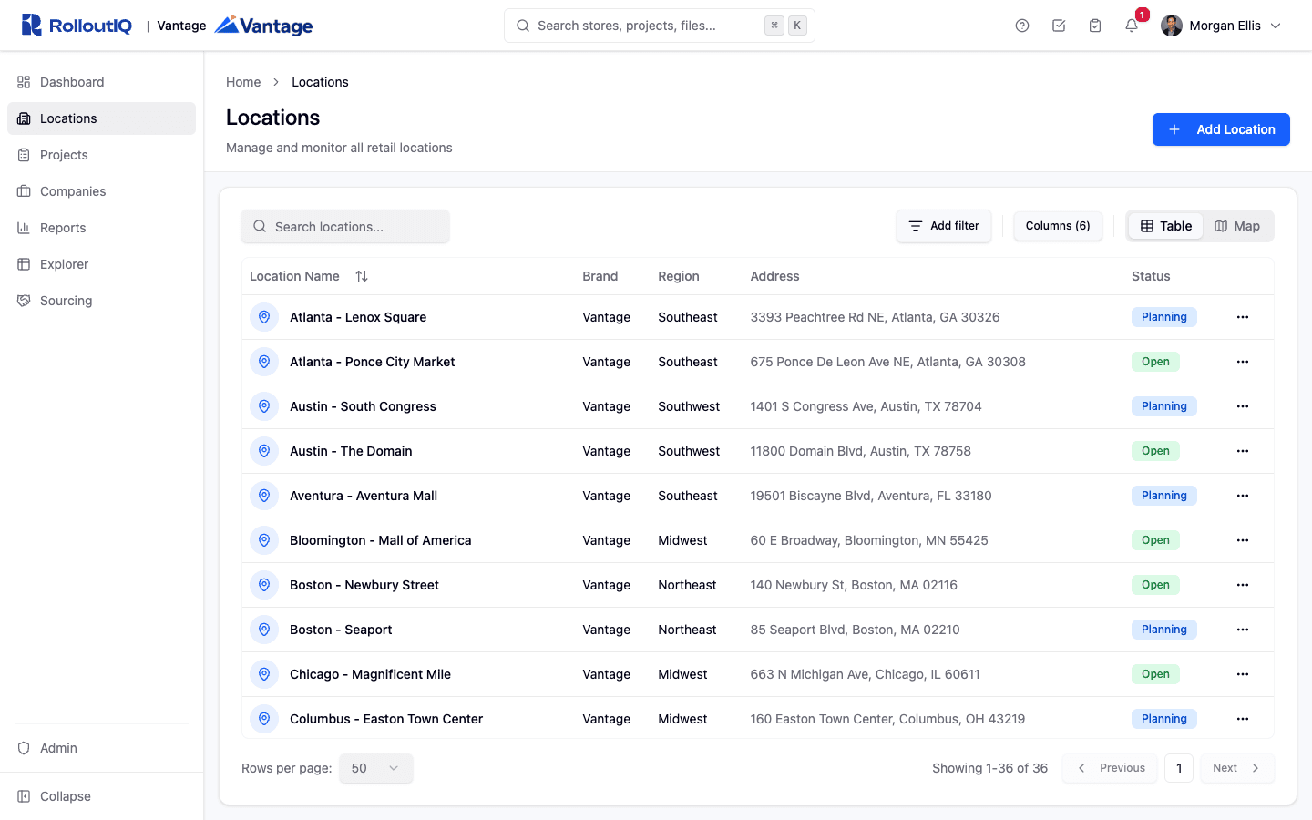 The Locations workspace in RolloutIQ listing every store with its brand, region, address, and lifecycle status.