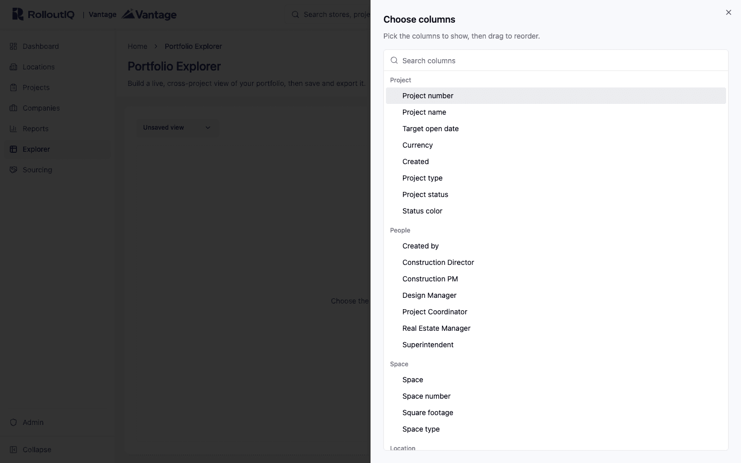 The Portfolio Explorer column picker, choosing from a catalog of project, schedule, budget, and team columns