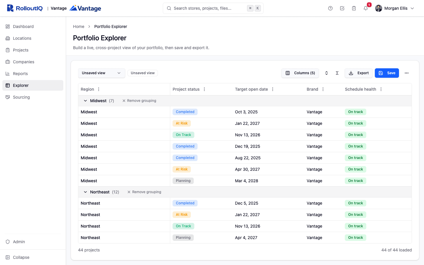 A portfolio grid grouped by region, with collapsible section headers and a project count on each