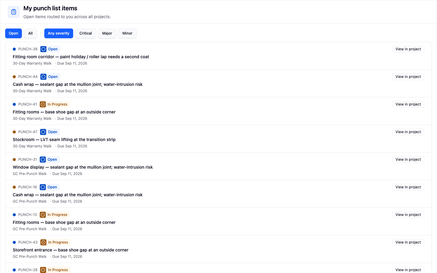 The My punch list items inbox in RolloutIQ™ listing open items across every project with severity, status, walk type, and due date, filtered by Open, All, and severity.