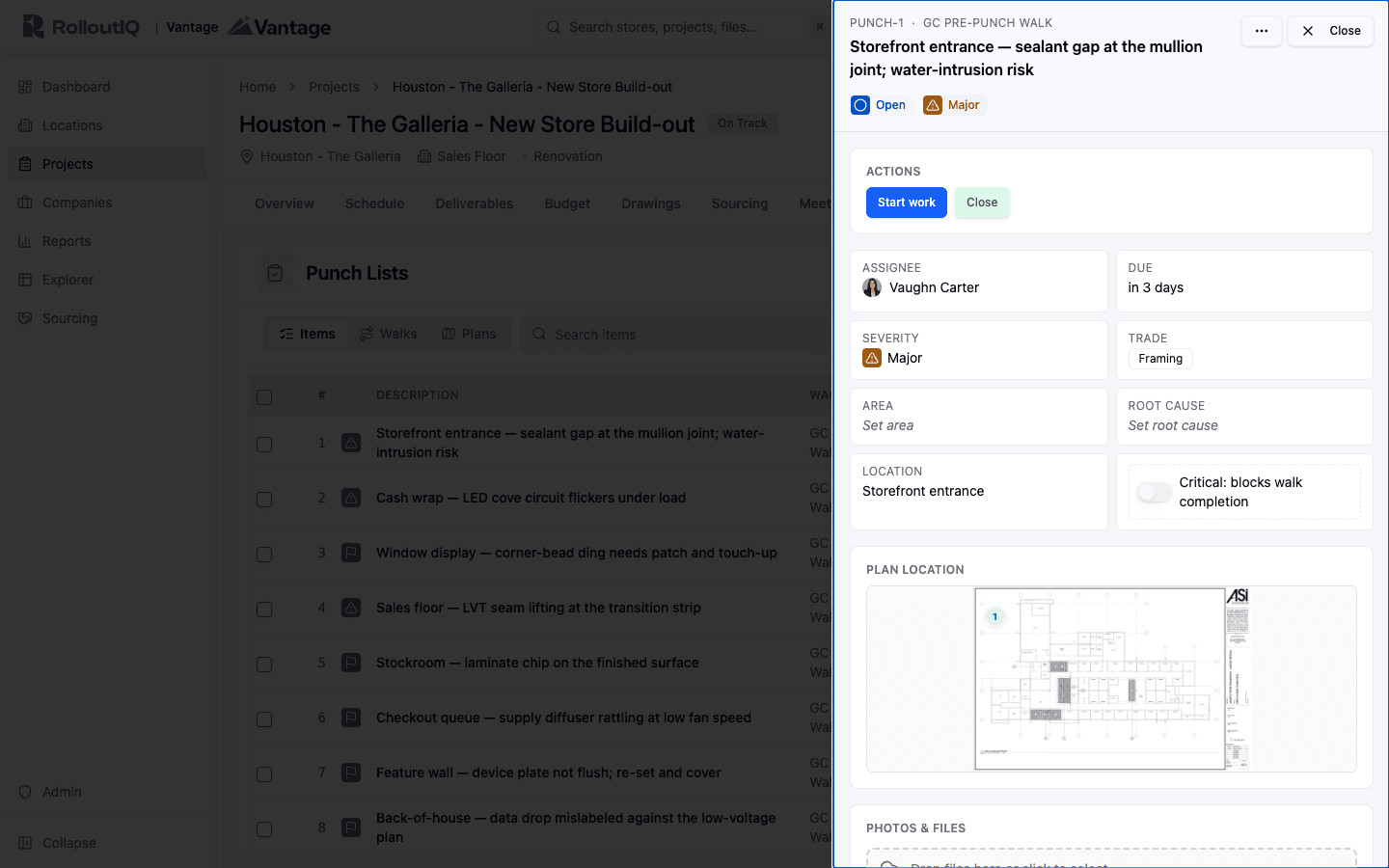 A punch item in RolloutIQ™ showing severity, trade, plan location, assignee, a critical-blocks-walk-completion toggle, and start-work and close actions.