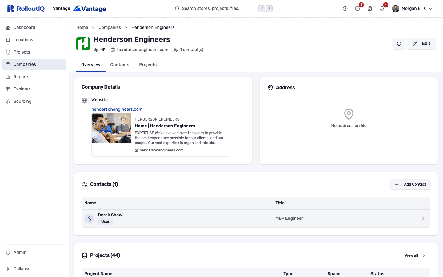 A vendor company profile showing its website, address, and phone, with the contacts you work with there
