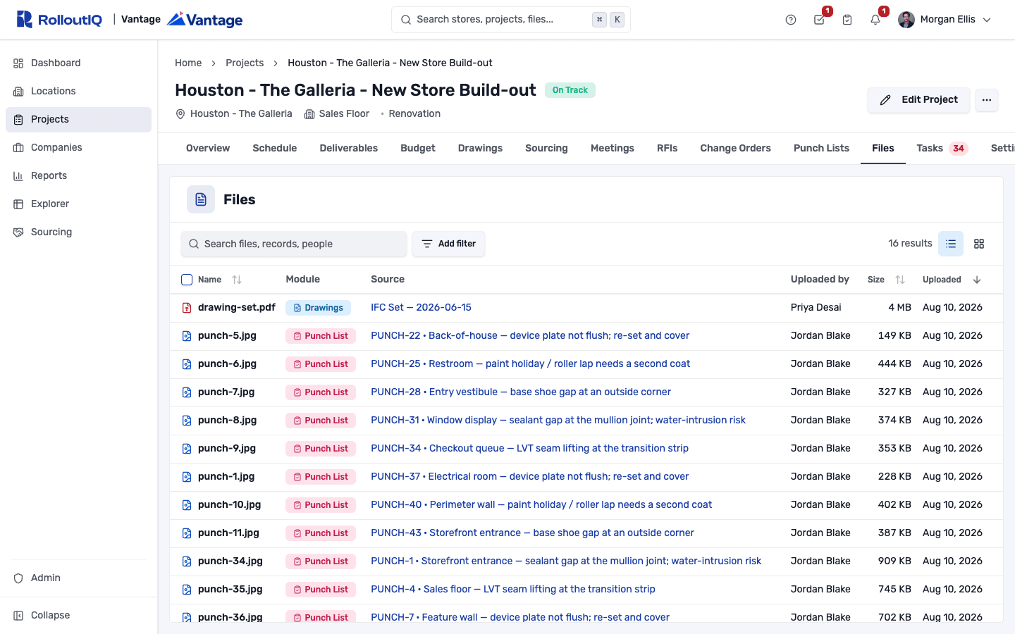 A project Files library listing files from every module, with Name, Module, Source, Uploaded by, and Size columns