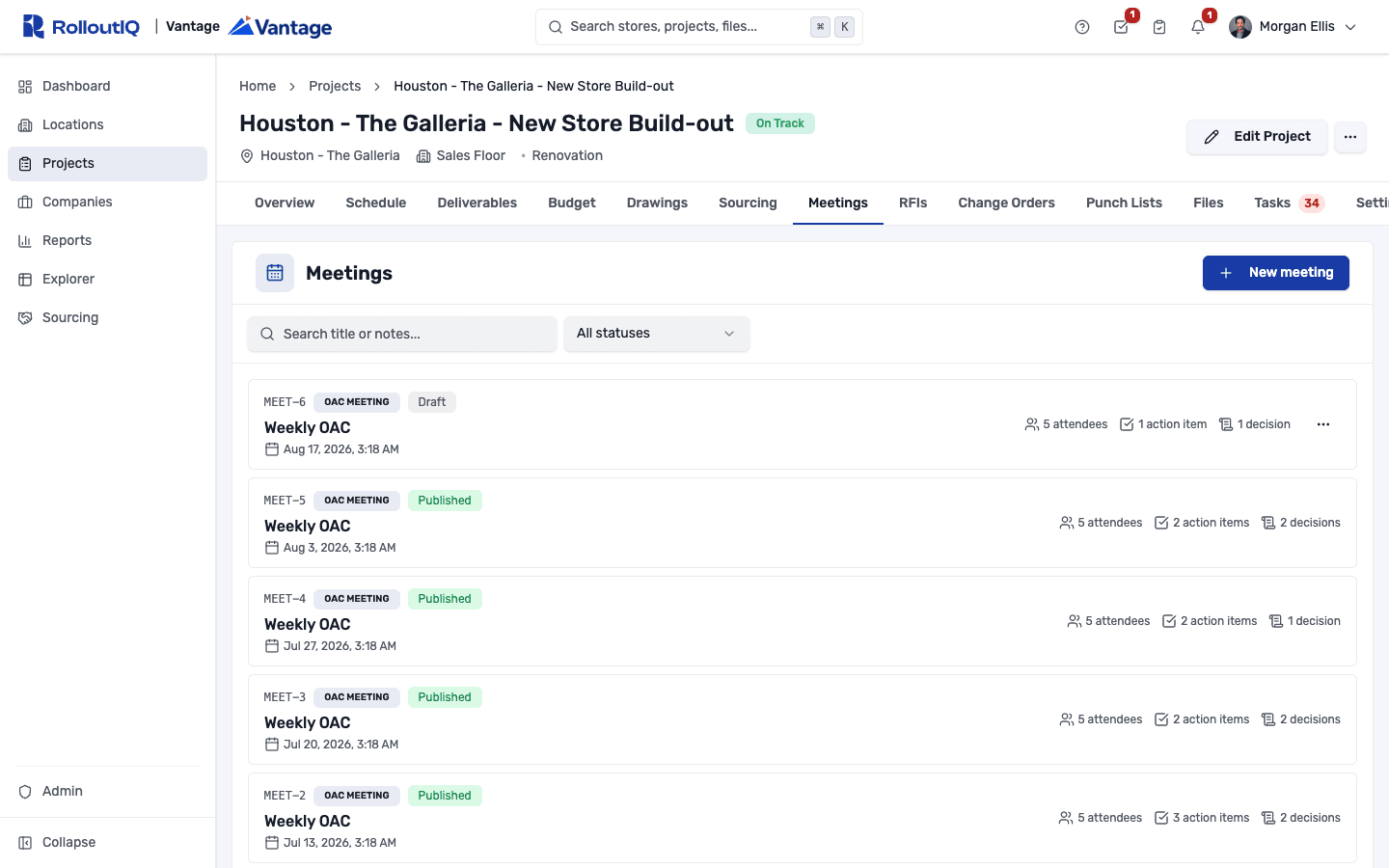 Project meetings list with five OAC meetings from Kickoff through Pre-Opening, per-project MEET numbering, and attendee, action item, and decision counts
