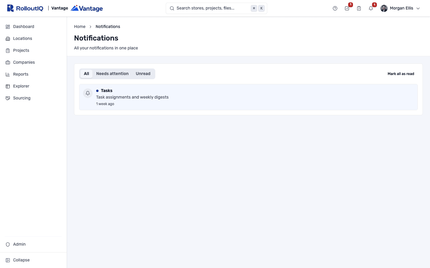 Notification inbox with All, Active, and Passive filters