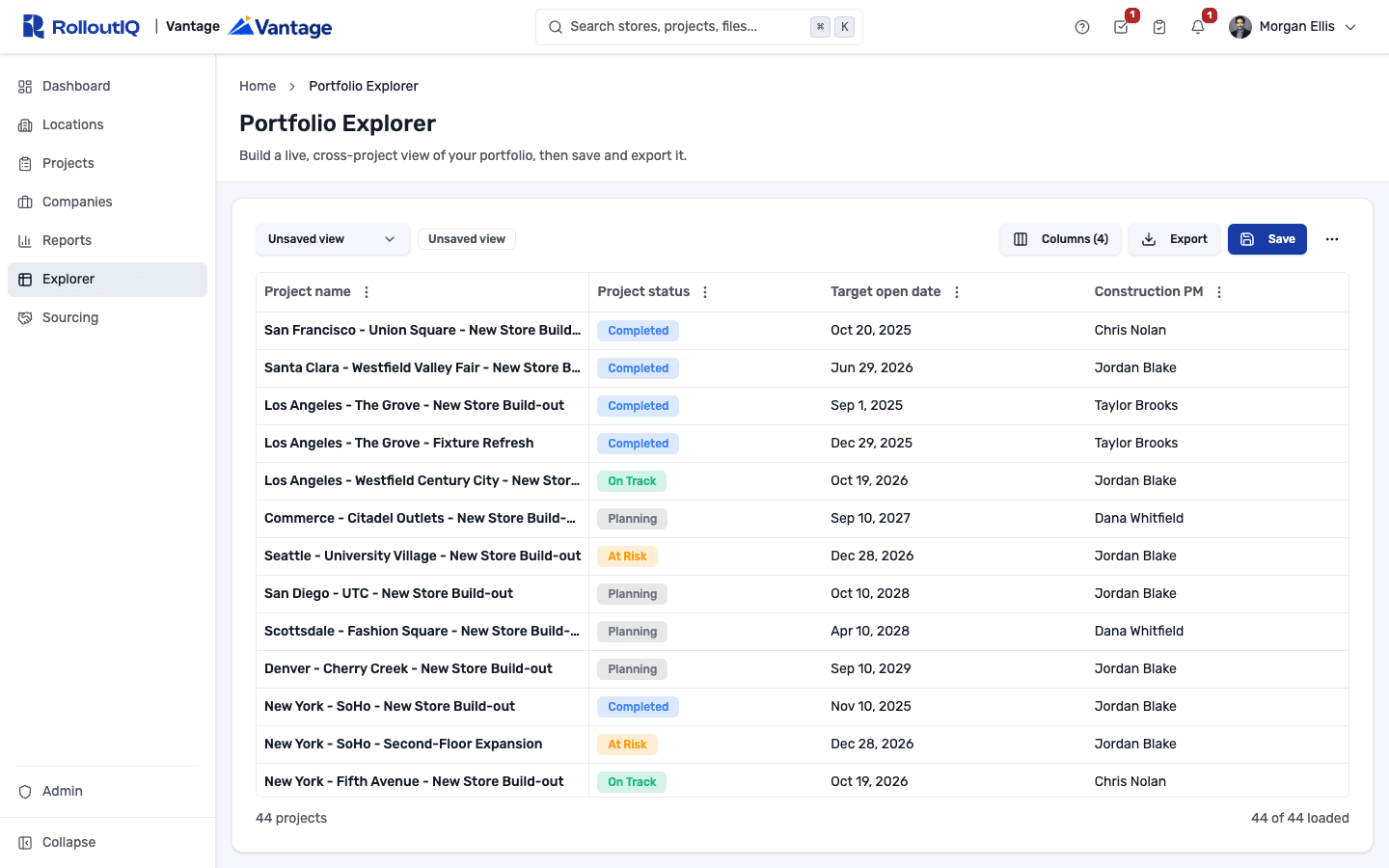 Portfolio Explorer showing every project in one live grid with schedule health, budget, assigned PM, and open work counts across the columns