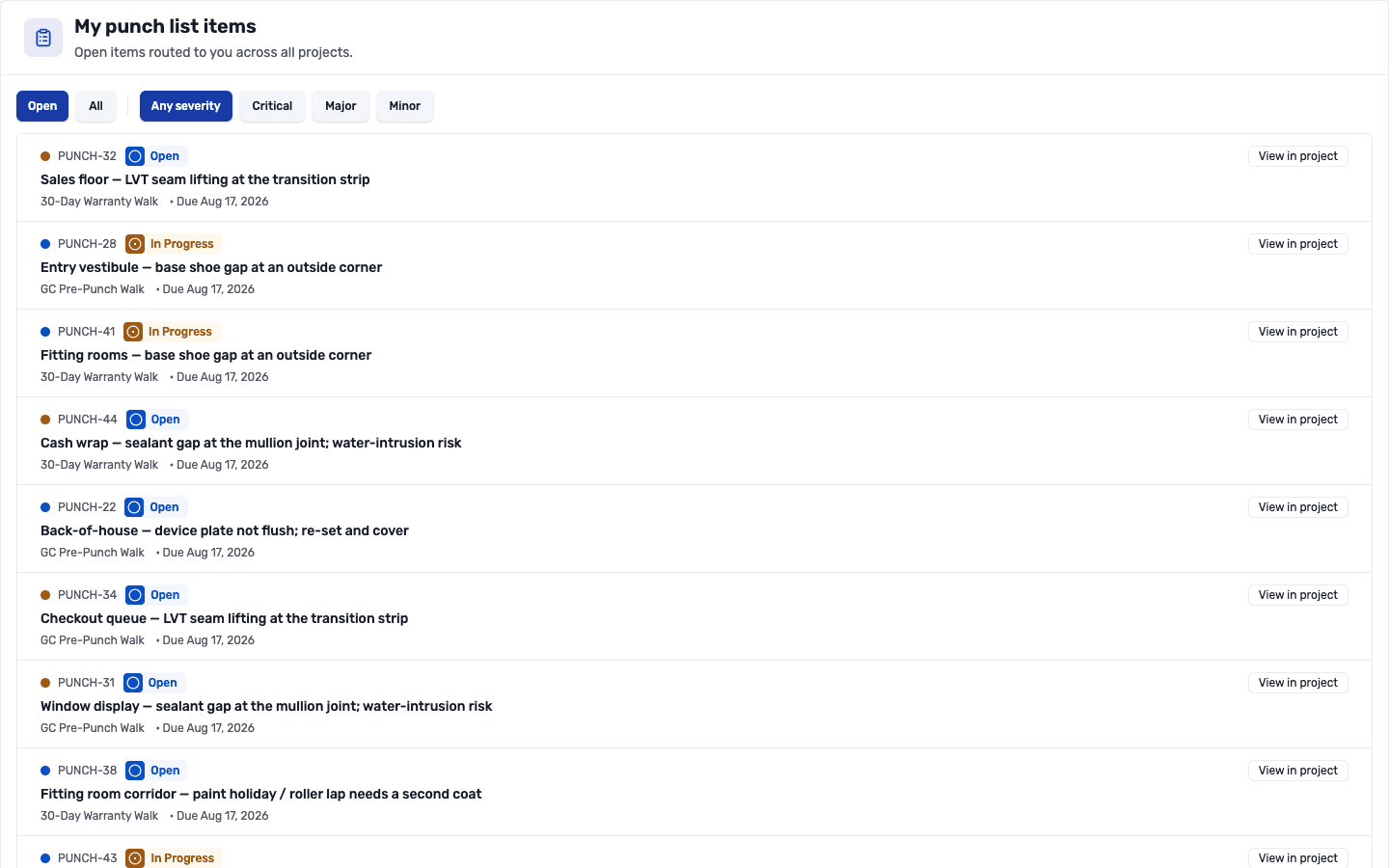 My punch list items page listing open items across every project with severity, status, walk type, and due date, filtered by Open, All, and severity