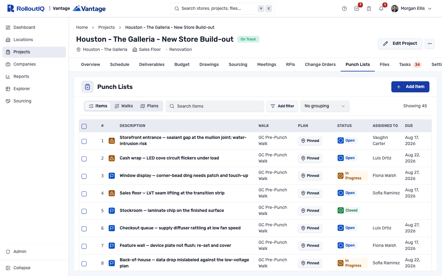 Punch list workspace inside a project with status and priority filters