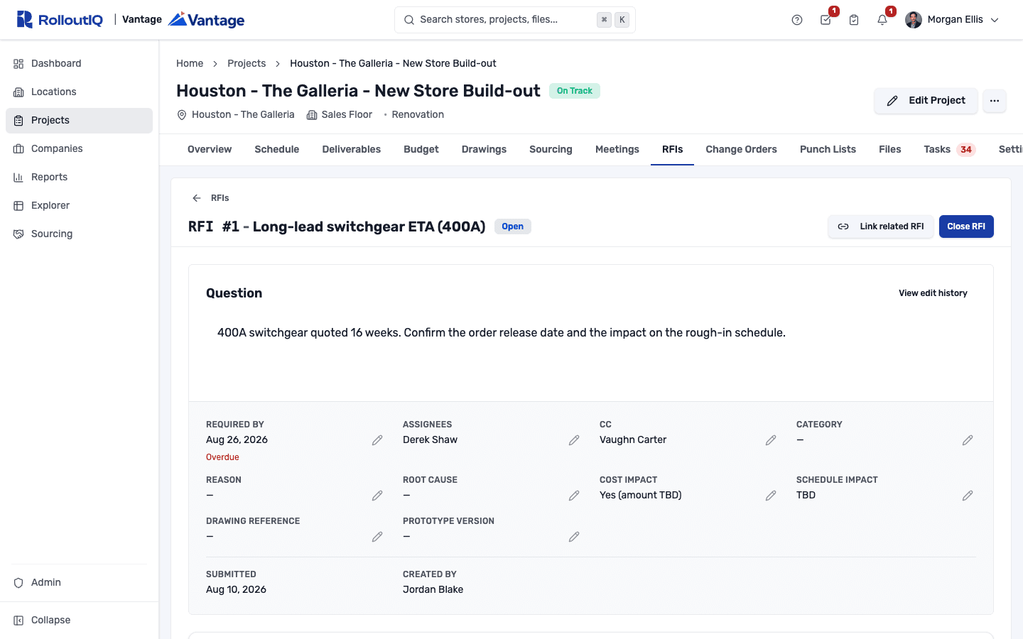 A single RFI with its question and attachments, threaded comments, the badged official answer, and an audit log of assignments and status changes