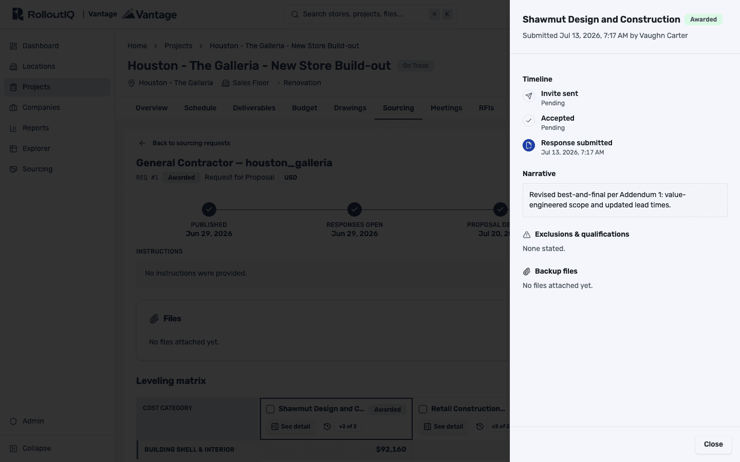 A vendor's bid submission with its timeline, narrative, listed exclusions, and awarded status