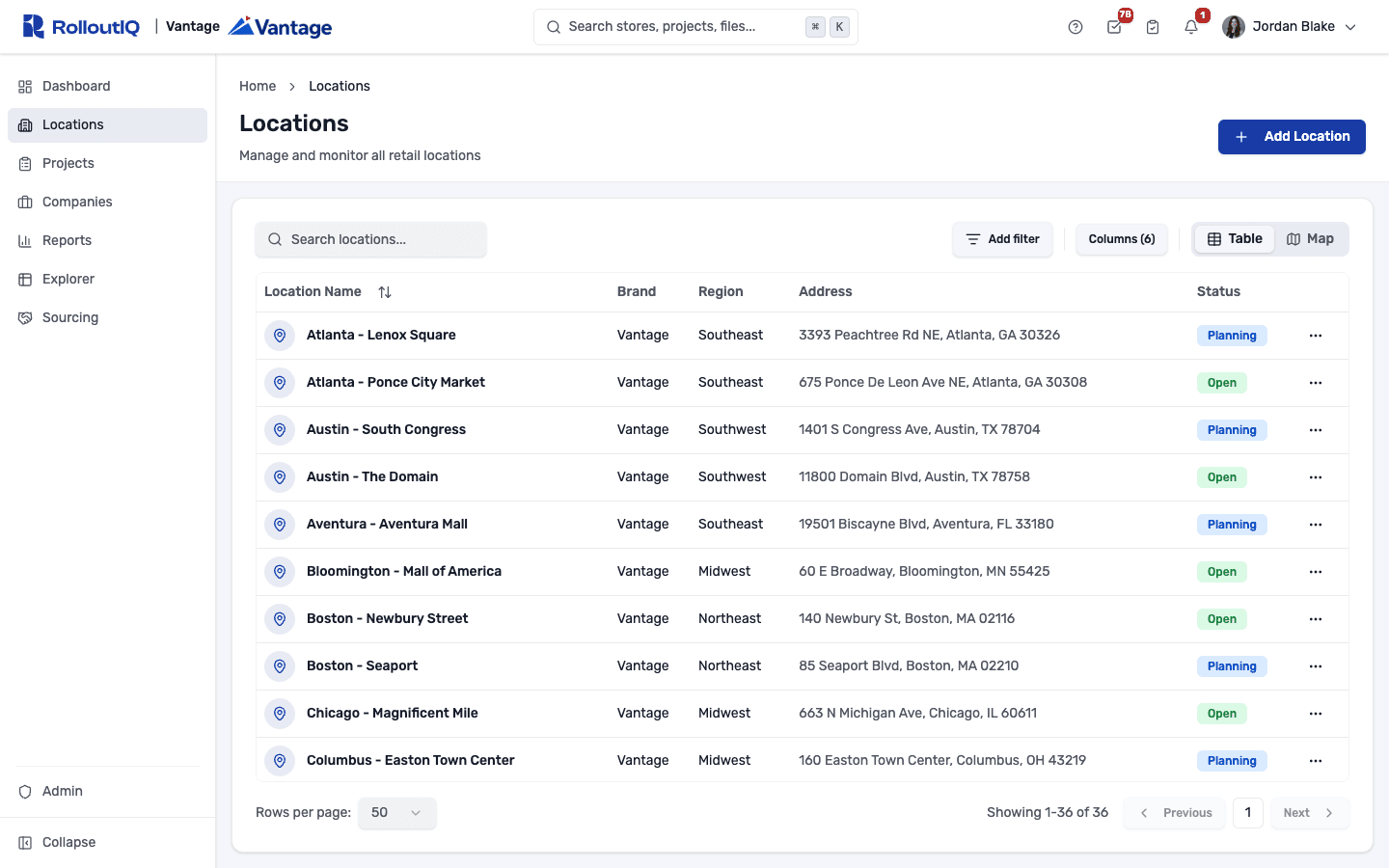 RolloutIQ™ store portfolio listing every location with its project status